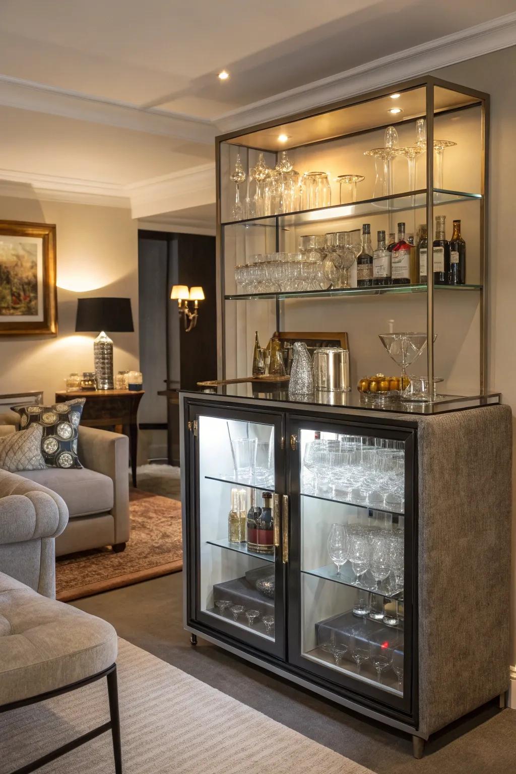 A personal bar imparts a touch of elegance to the retreat.
