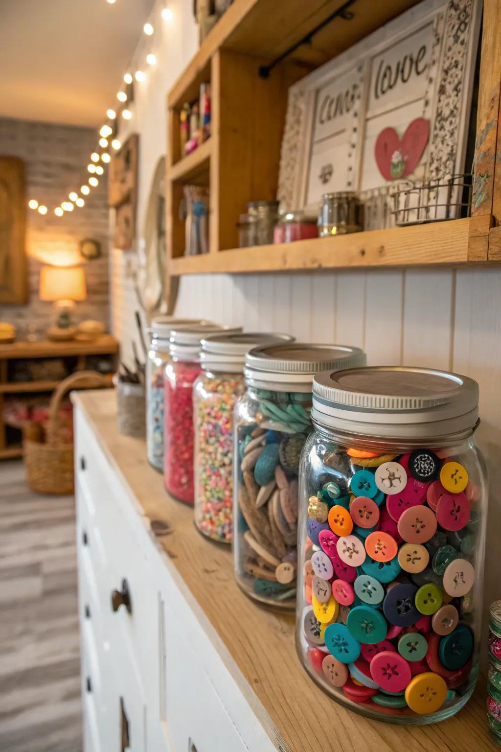Add color and charm with old-fashioned fastener-filled preserving jars.