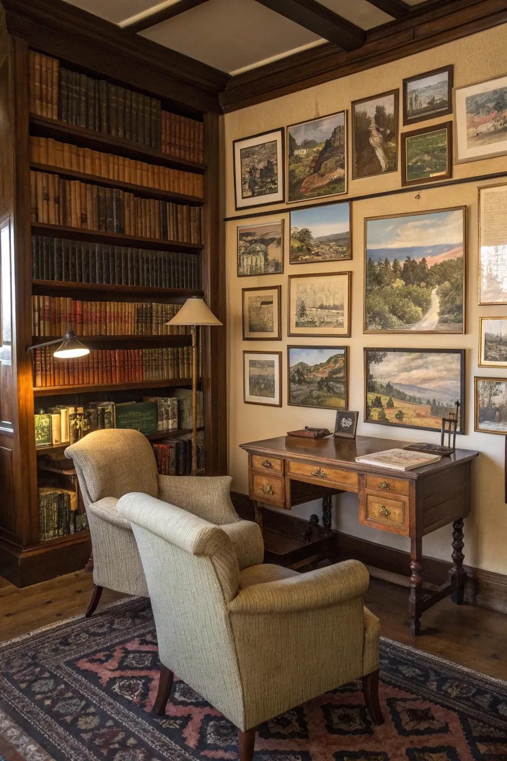Vintage postcards introduce whimsy to this maximalist study.