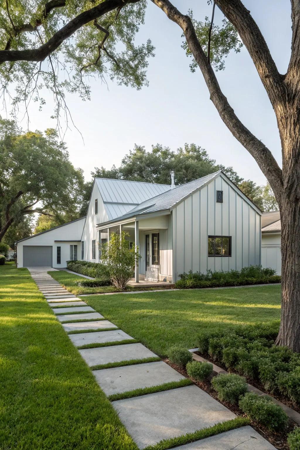 A tranquil vicinity dwelling with minimalist smooth metal cladding for a serene aesthetic.
