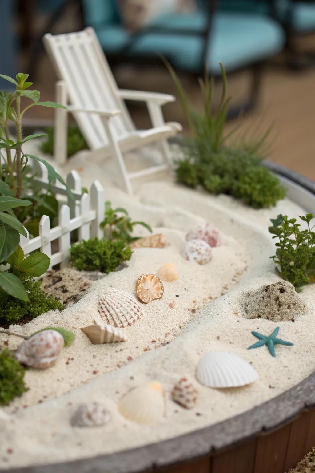 A themed miniature garden with a seashore scene, complete with sand and seashells.