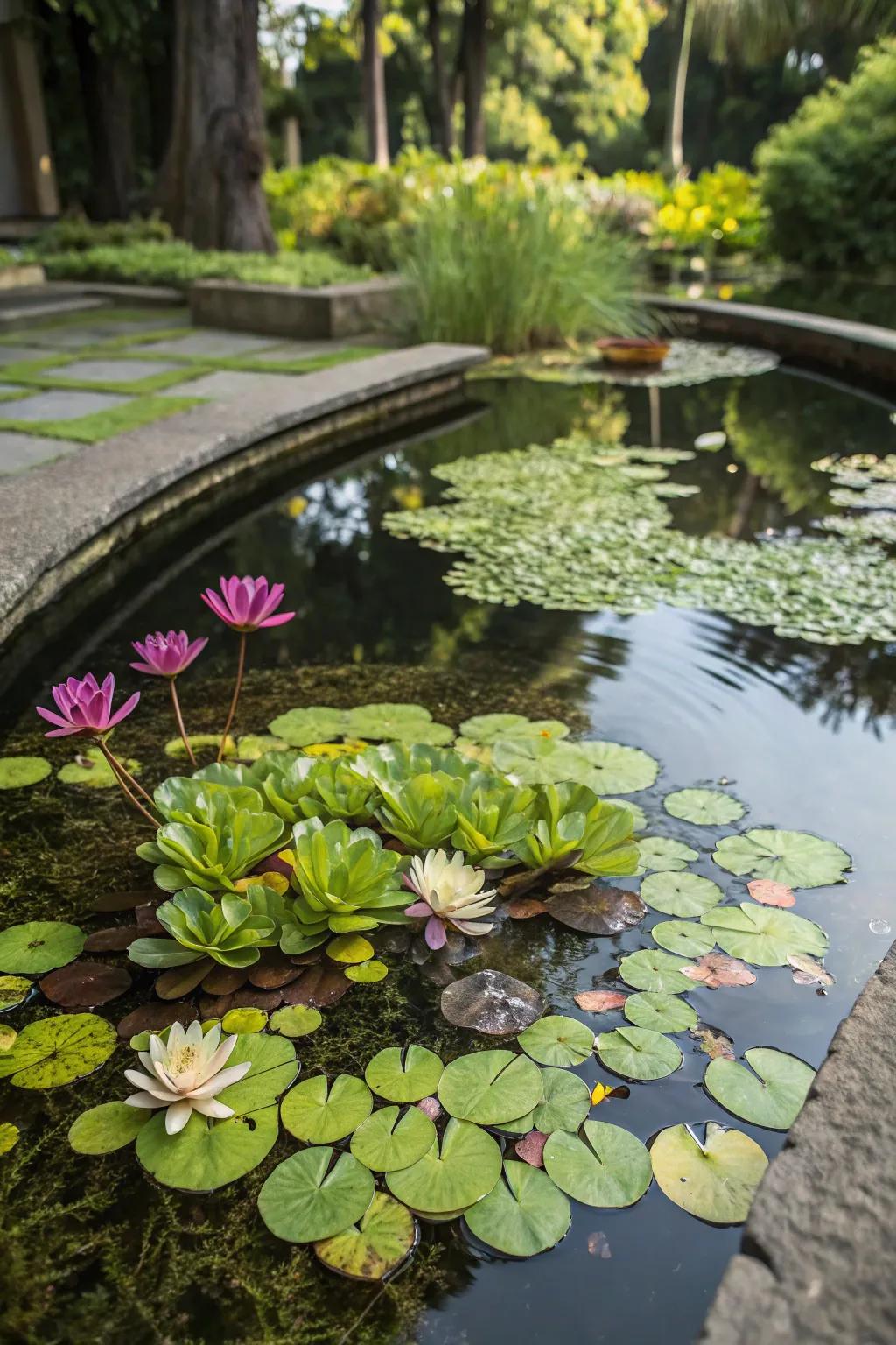 A vibrant mini pond showcasing a variety of water plants.
