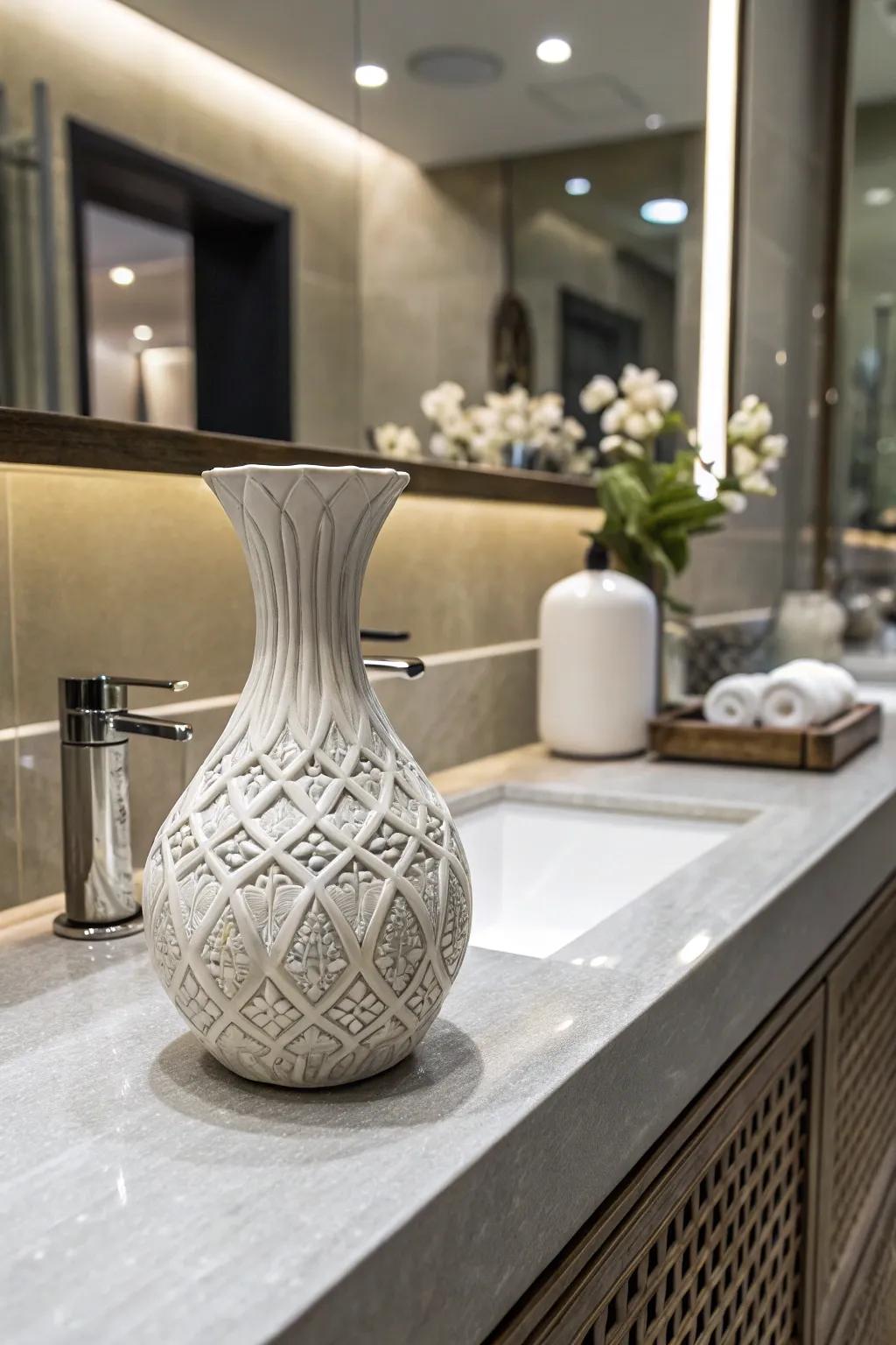 A defining article like a sculptural flower holder appends character to the design.