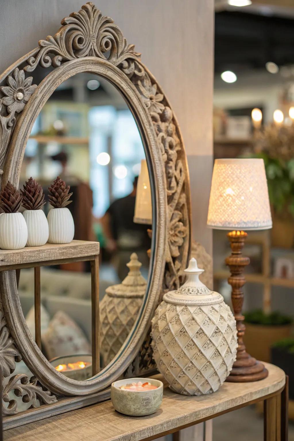 An artistic mirror that showcases a sculptural shelf to achieve a daring design statement.