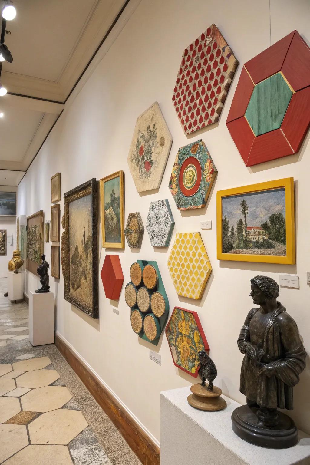 The incorporation of varied shapes brings a captivating layout to the gallery wall.