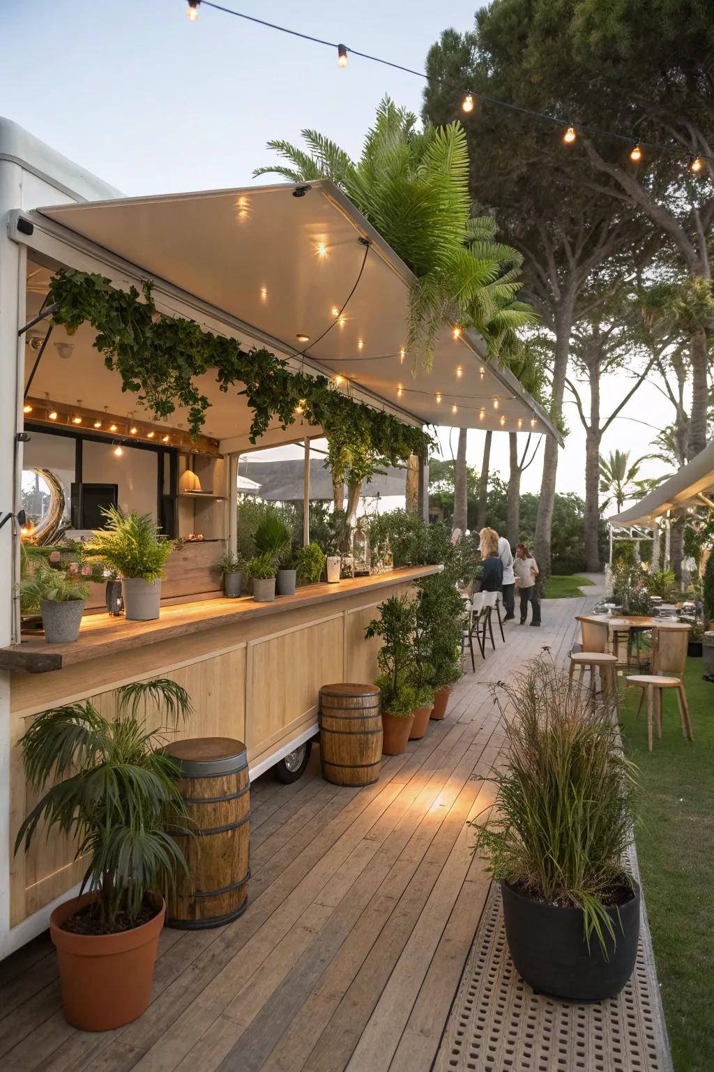 Blending indoor and outdoor features creates harmony in this mobile bar.