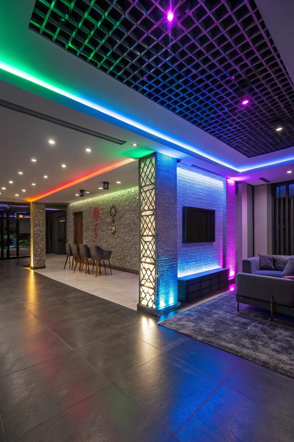 Hue-shifting LED lights set the mood with vibrant and dynamic lighting.