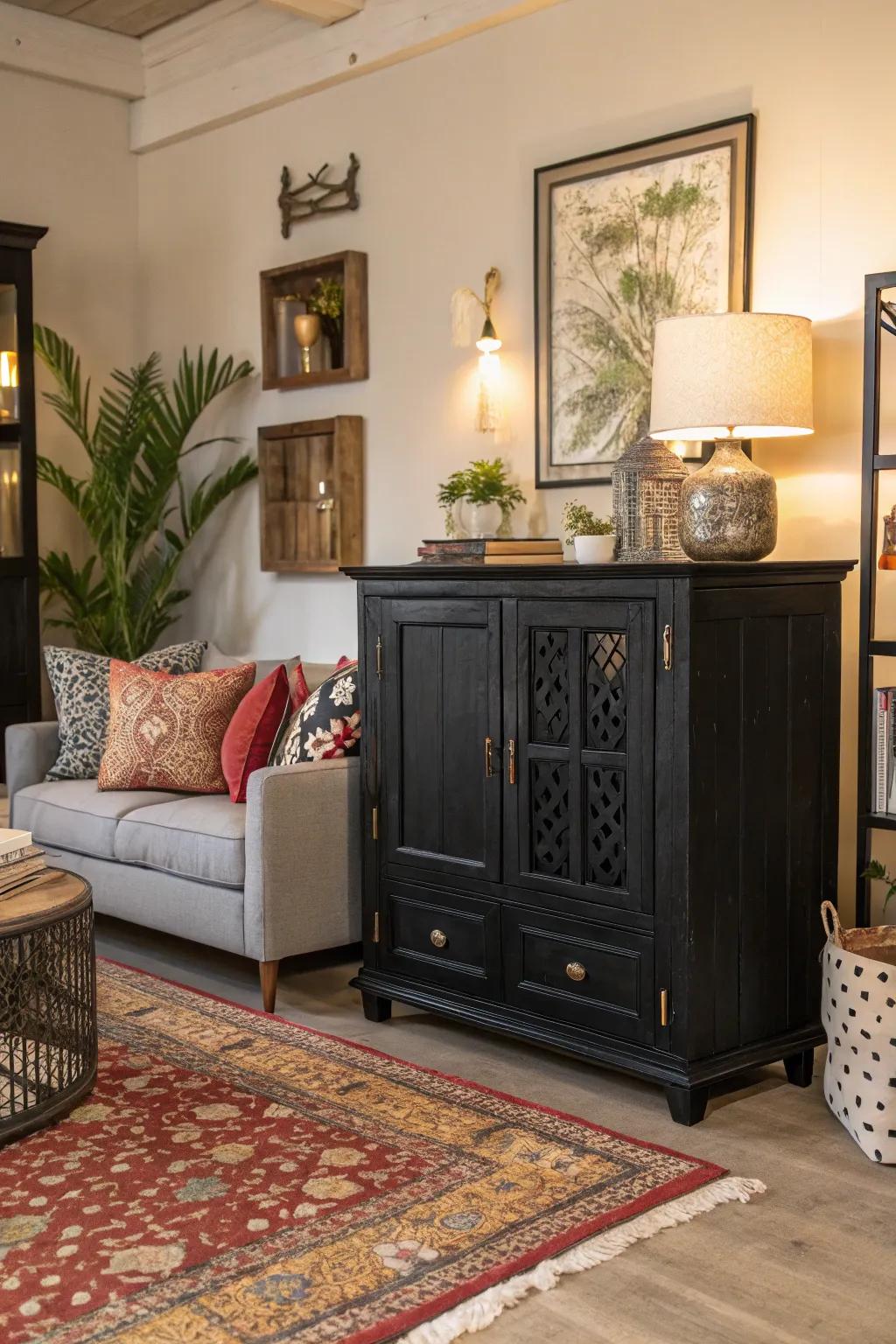A statement dark furniture piece anchors the room with sophistication.