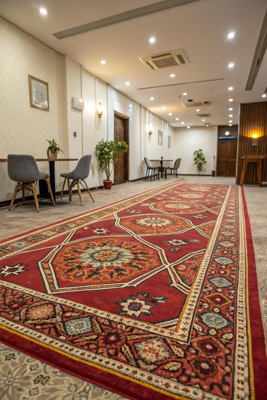 Room with an unexpected patterned carpet adding a wow factor