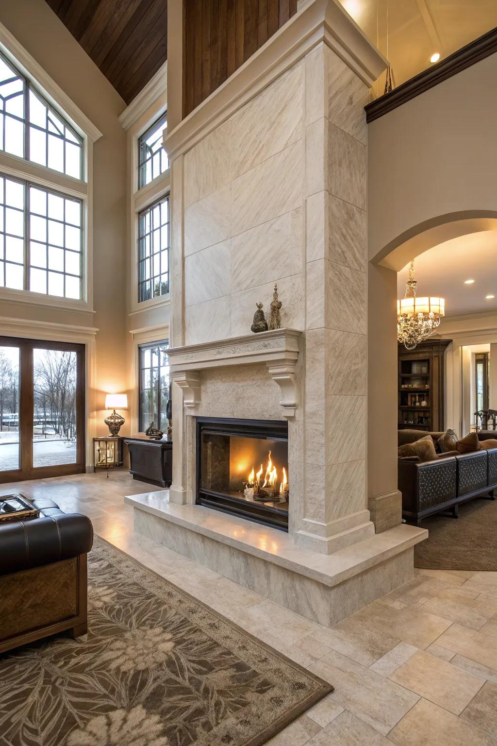 Durable and expressive hard stone tile fireplace.