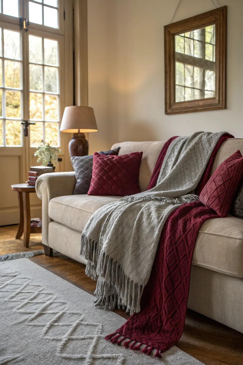 Living area featuring a combination of carmine and neutral tone throws on a sofa.