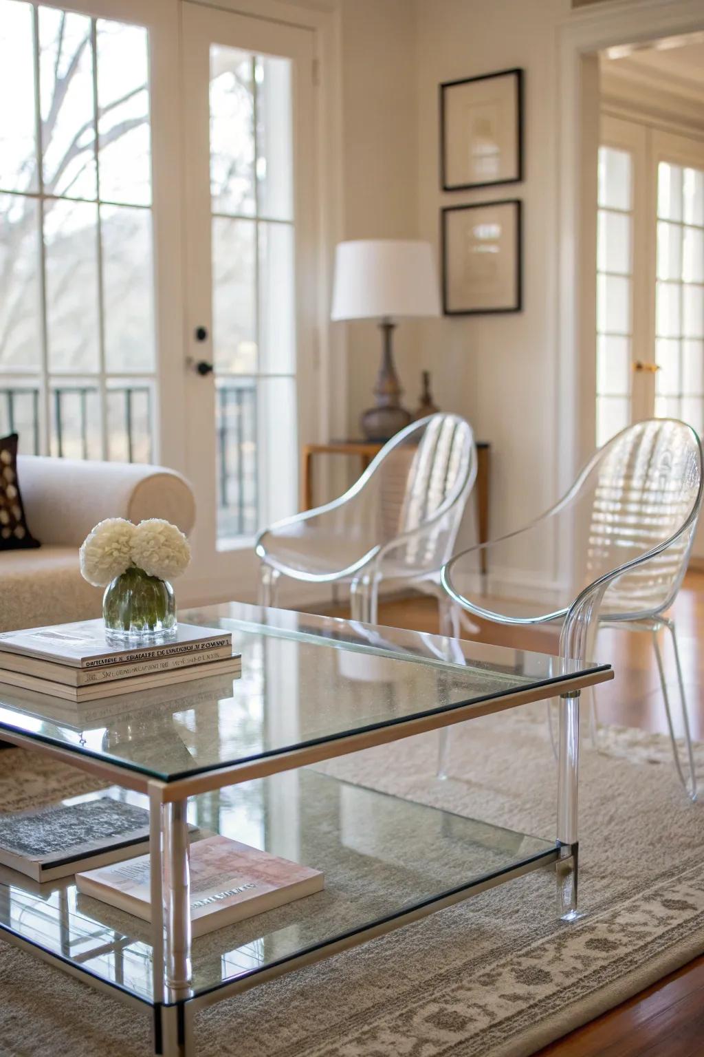 Transparent furniture keeps spaces airy.