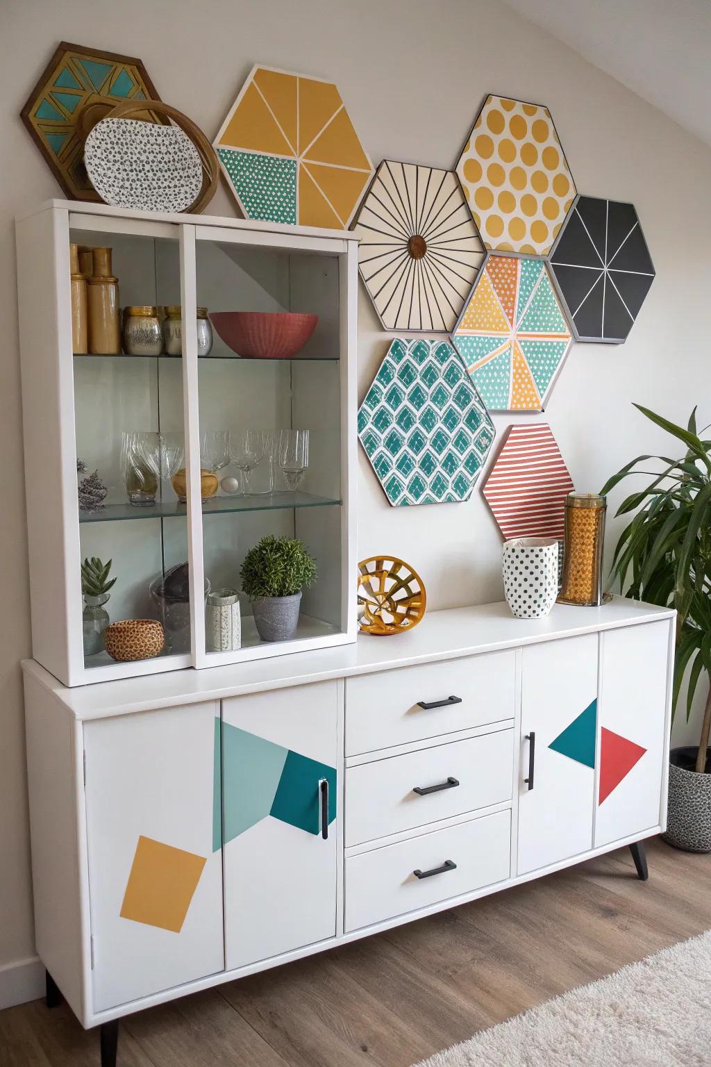 Angular forms contribute a contemporary and architectural sensation to the display cabinet.