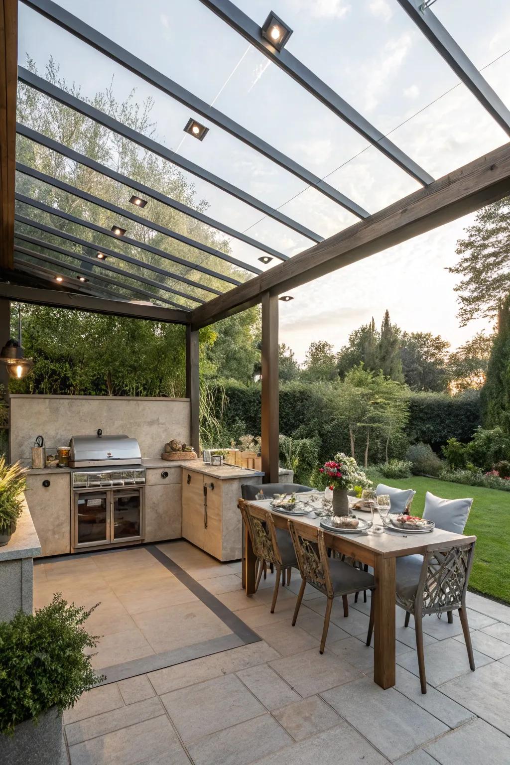 Pergola with a glass top presenting open views.