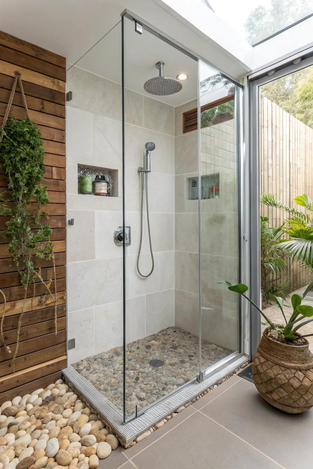 An environmentally conscious shower showcasing sustainable materials and water-conserving fixtures.