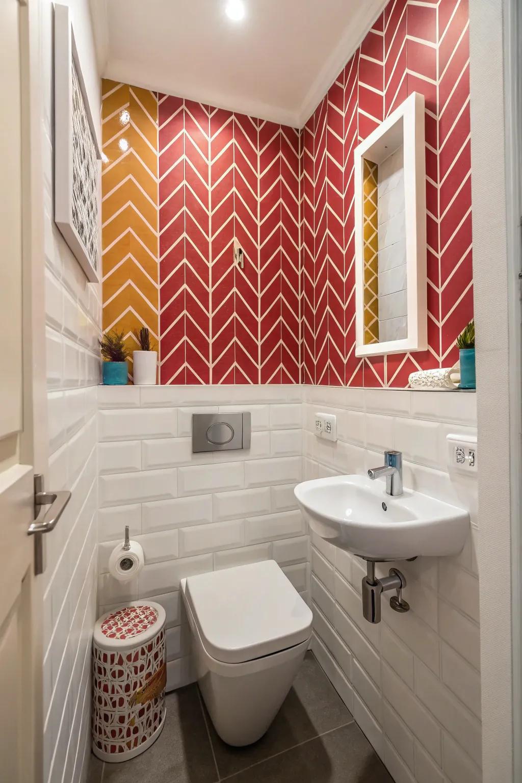 An accent wall introduces persona to this compact bathroom.