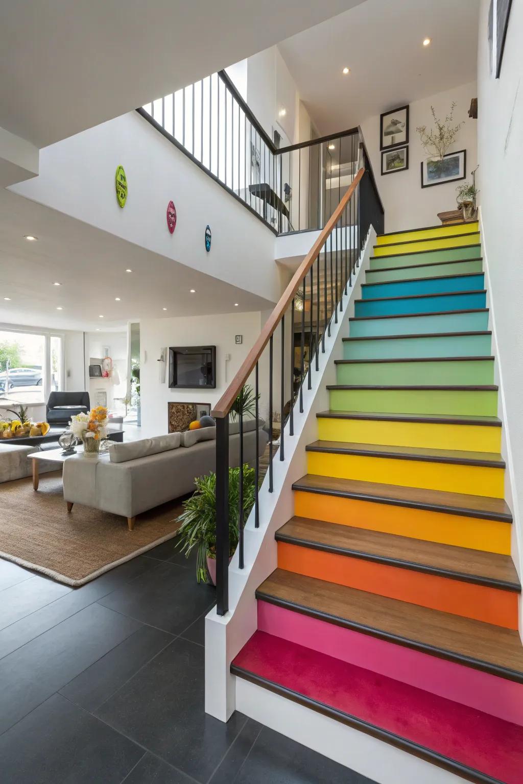 Bold tints convert stairwells into vibrant focal points.