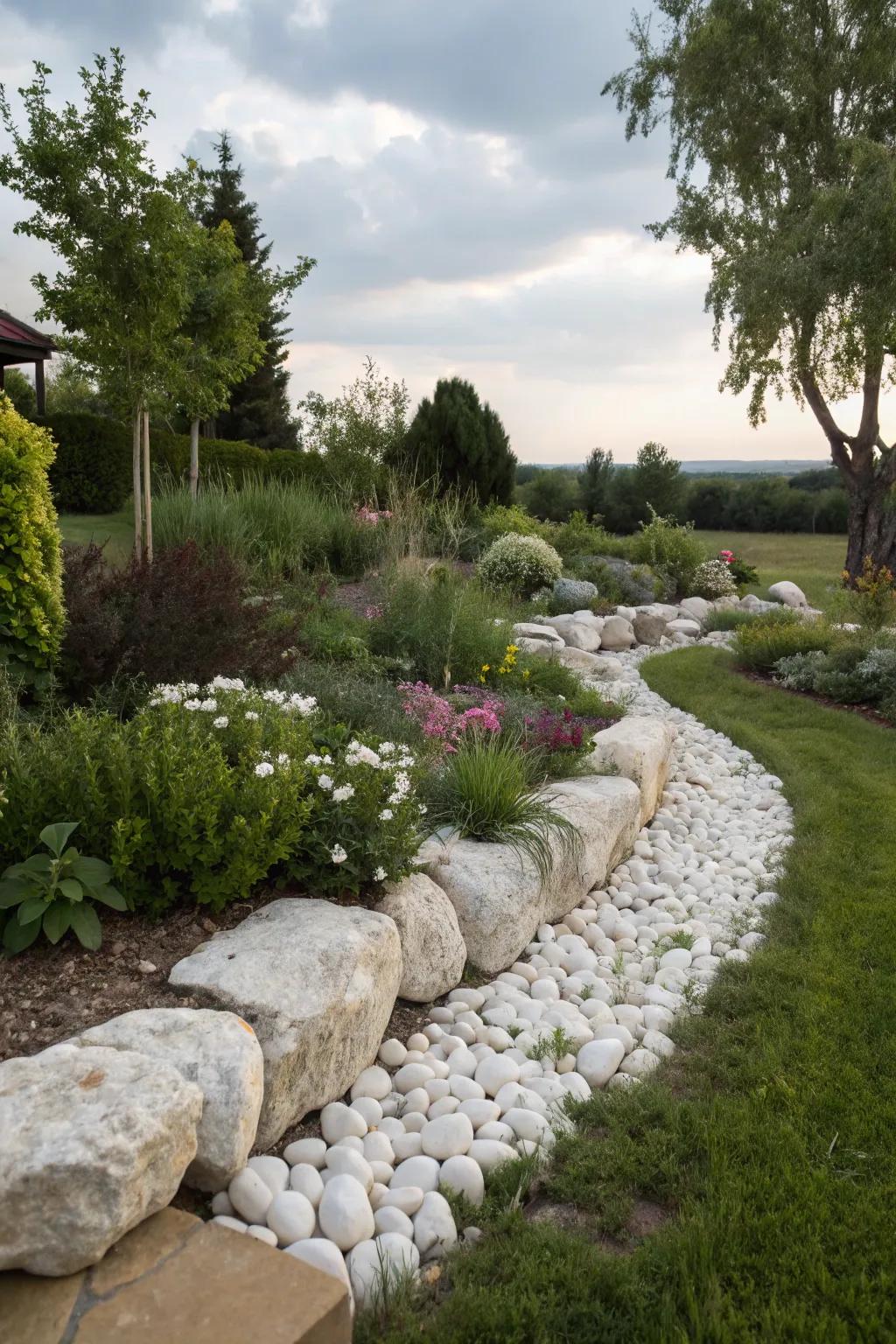 A garden with organic stone borders complementing white stones, blending rustic and modern elements.