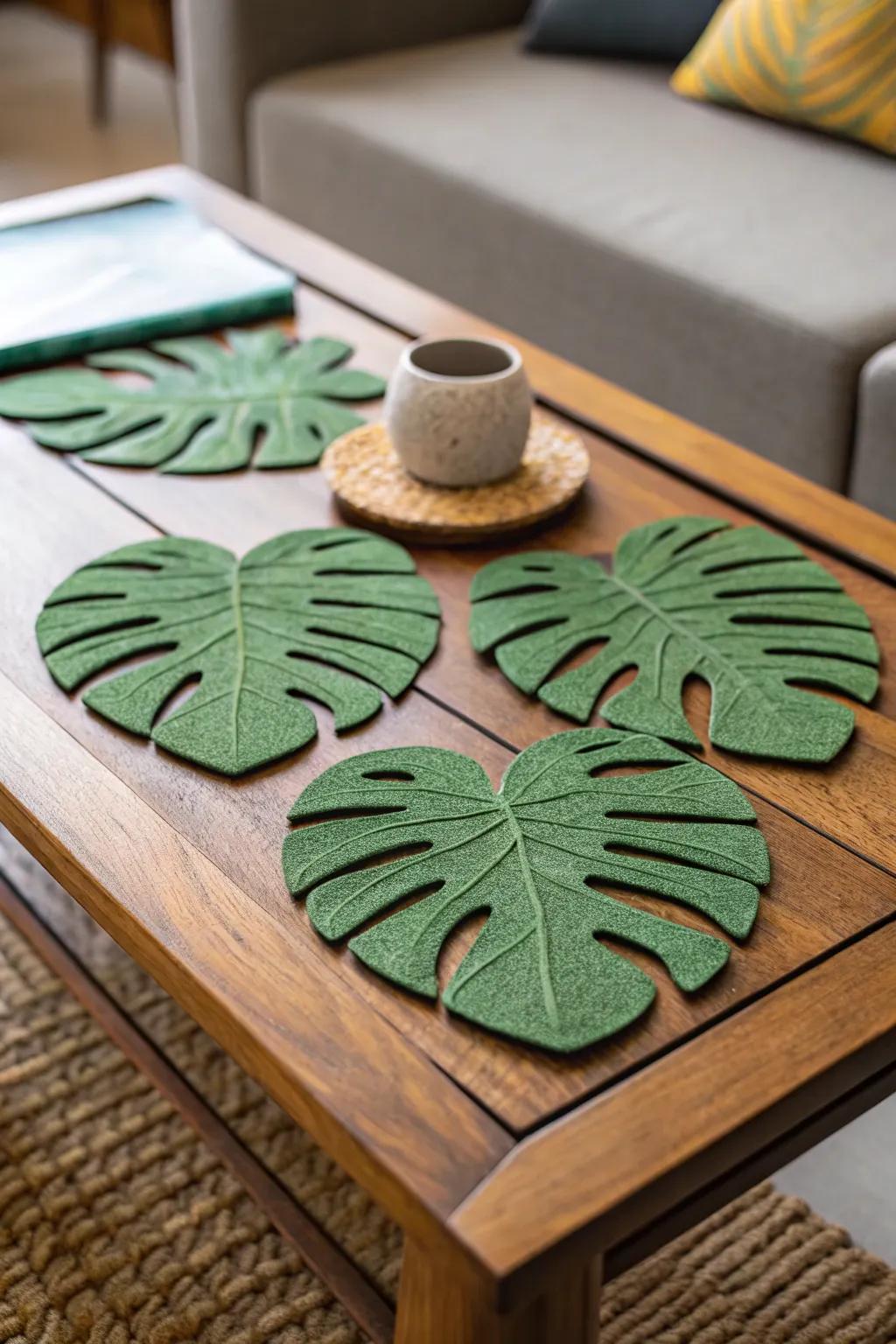 Distinctive drink mats created from monstera leaves.