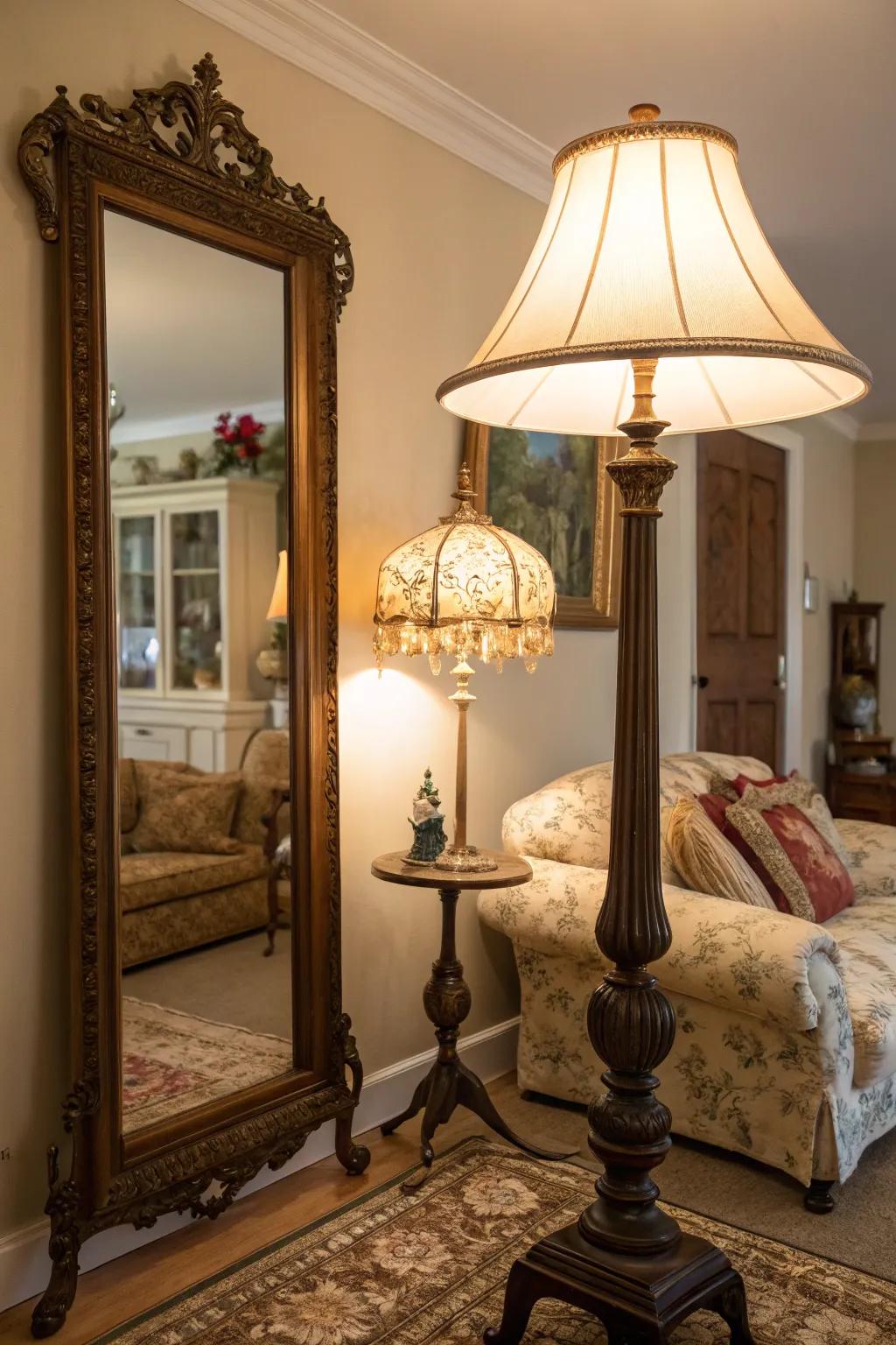 Unexpected features adding intrigue to a calmly lit living room.