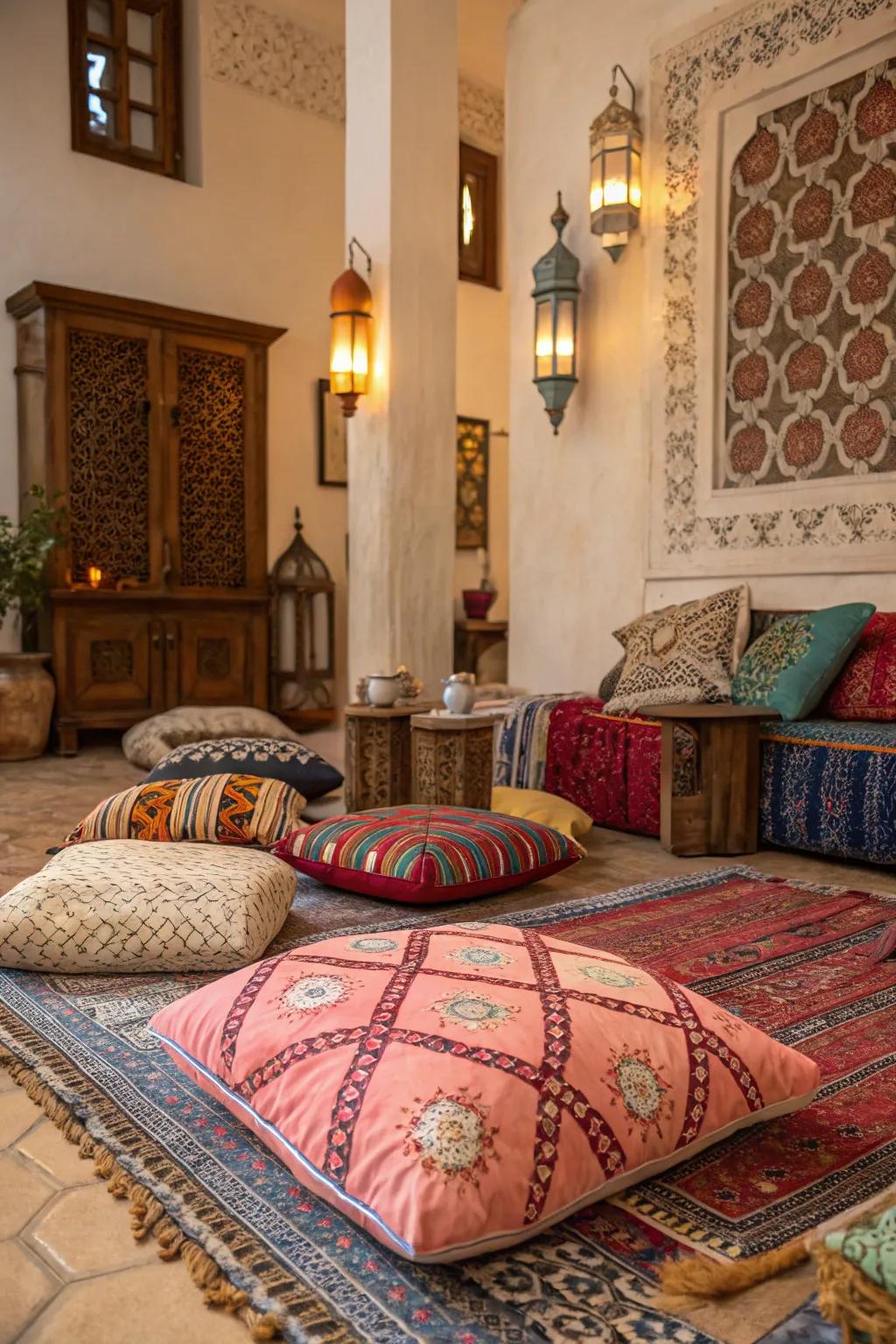 Floor seating encourages relaxation and enhances the cozy vibe.