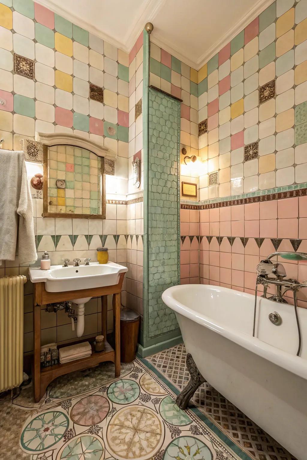 A bathroom using retro mosaic panels, full of vintage charm.