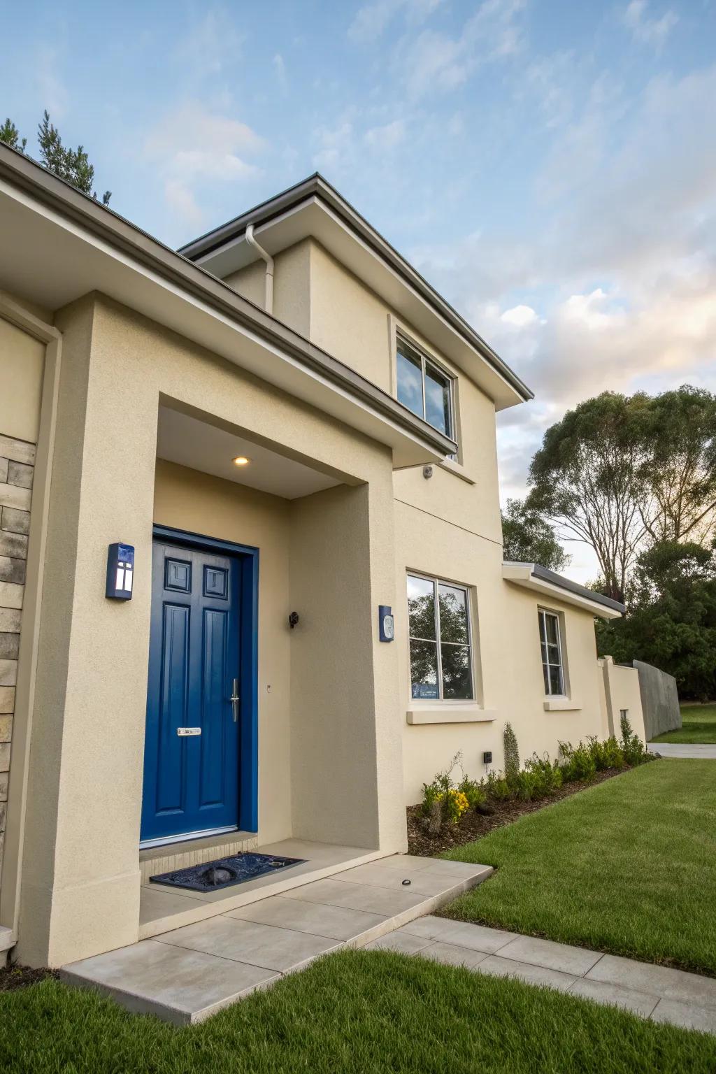 Cobalt blue front door creates a bold statement against a beige house.