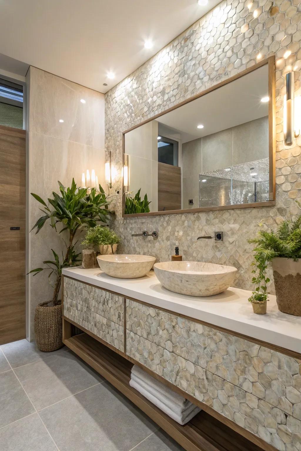 Earth-conscious elegance with responsibly sourced nacre tiles.