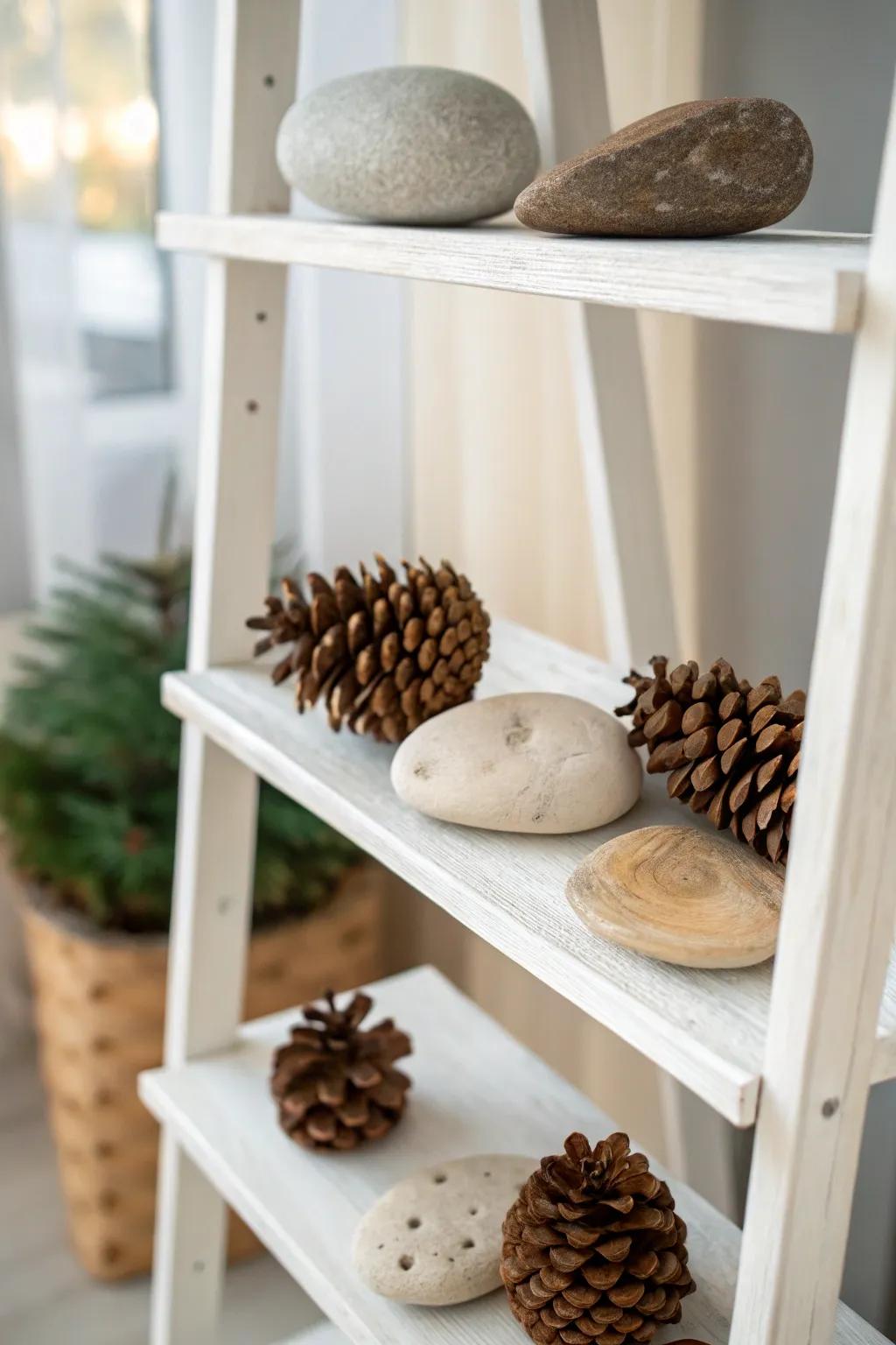 Clean and uncluttered shelving with natural decorative elements.