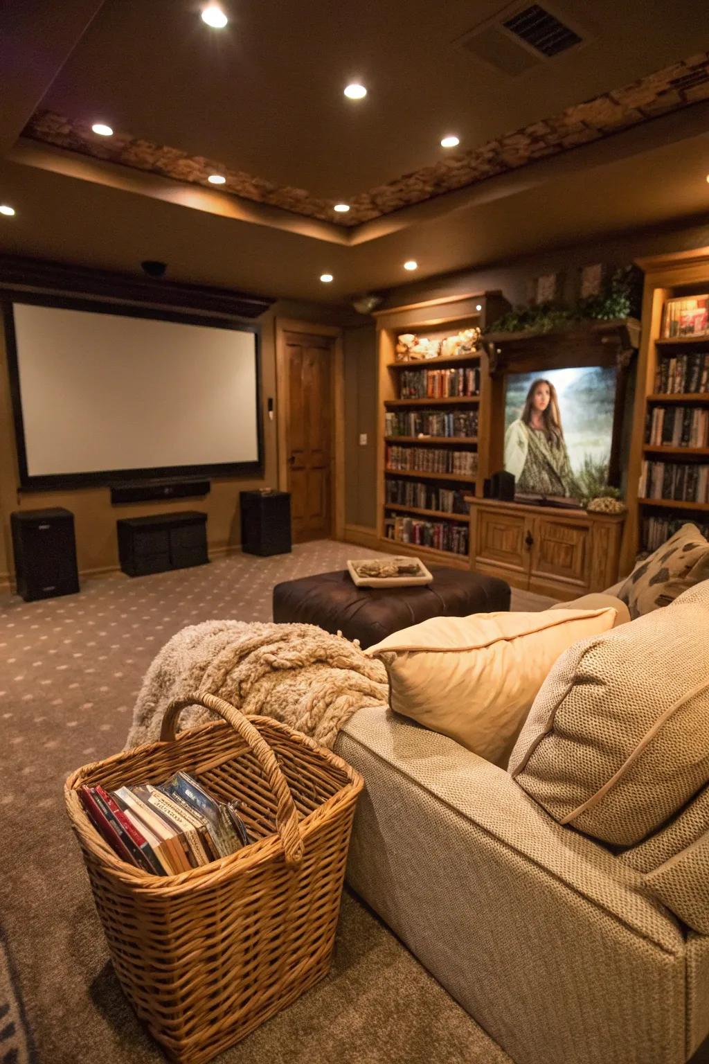 Blankets are a cozy addition to an inviting movie room.