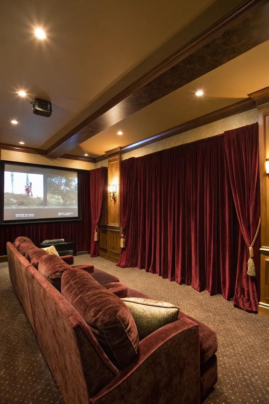 Velvet drapes add a luxurious touch to your movie room.