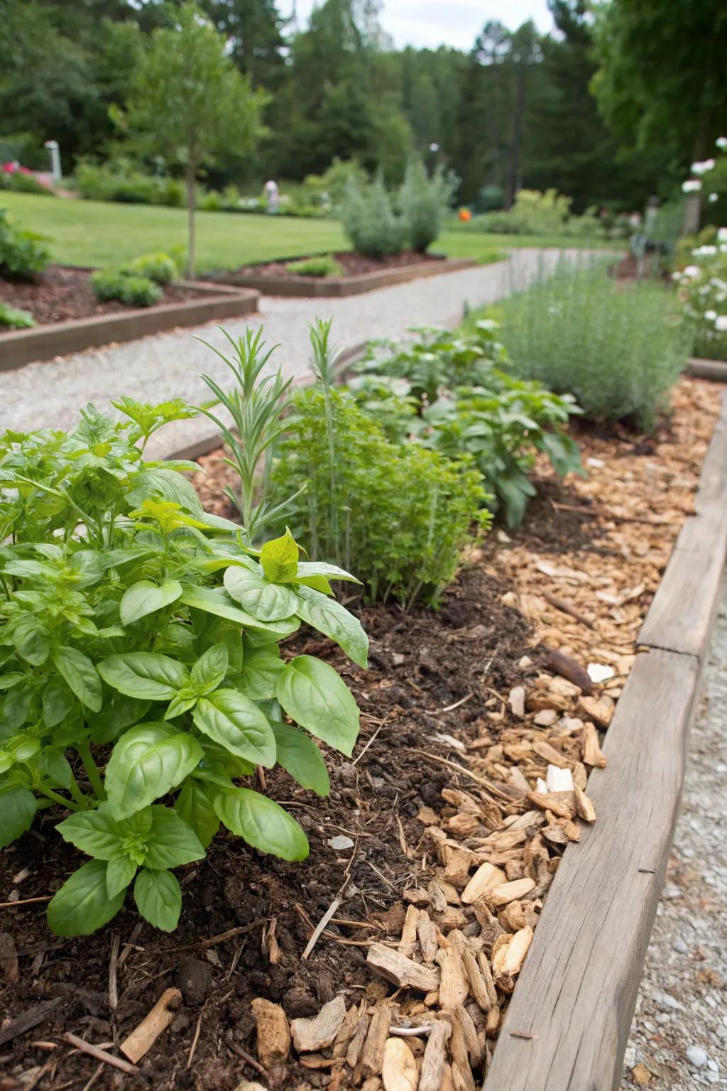 Herbs fashion fragrant, consumable mulch borders.