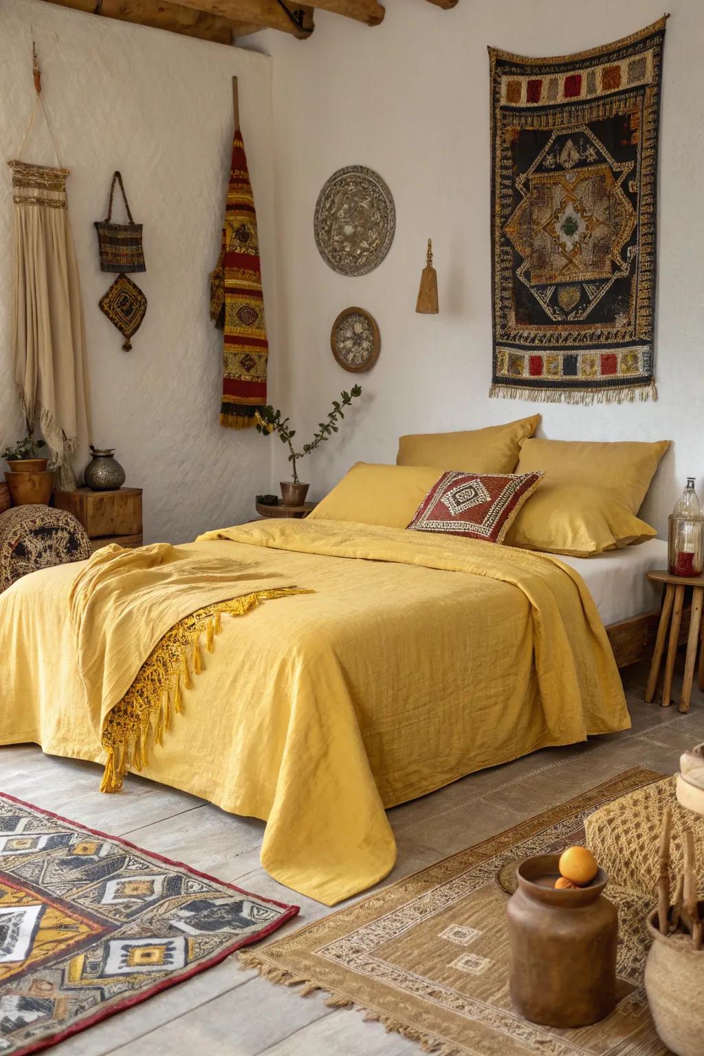 A culturally rich bedroom combining goldenrod tones and global patterns.