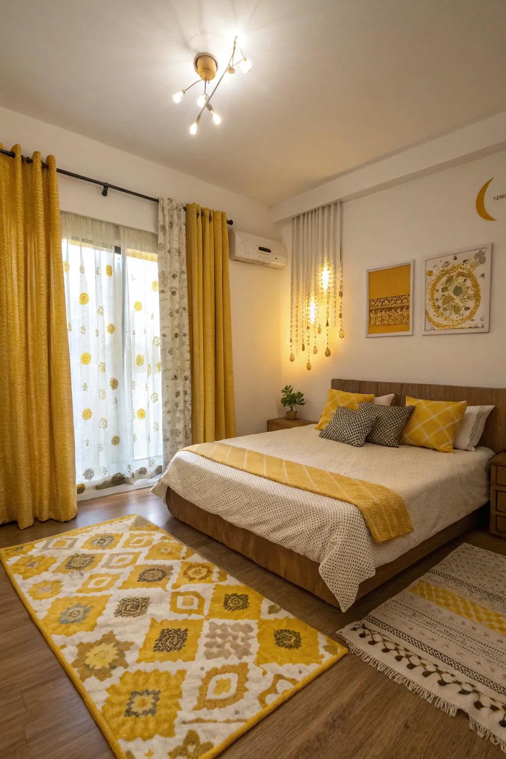 A bedroom exhibiting lively wheat patterned rugs and window coverings.
