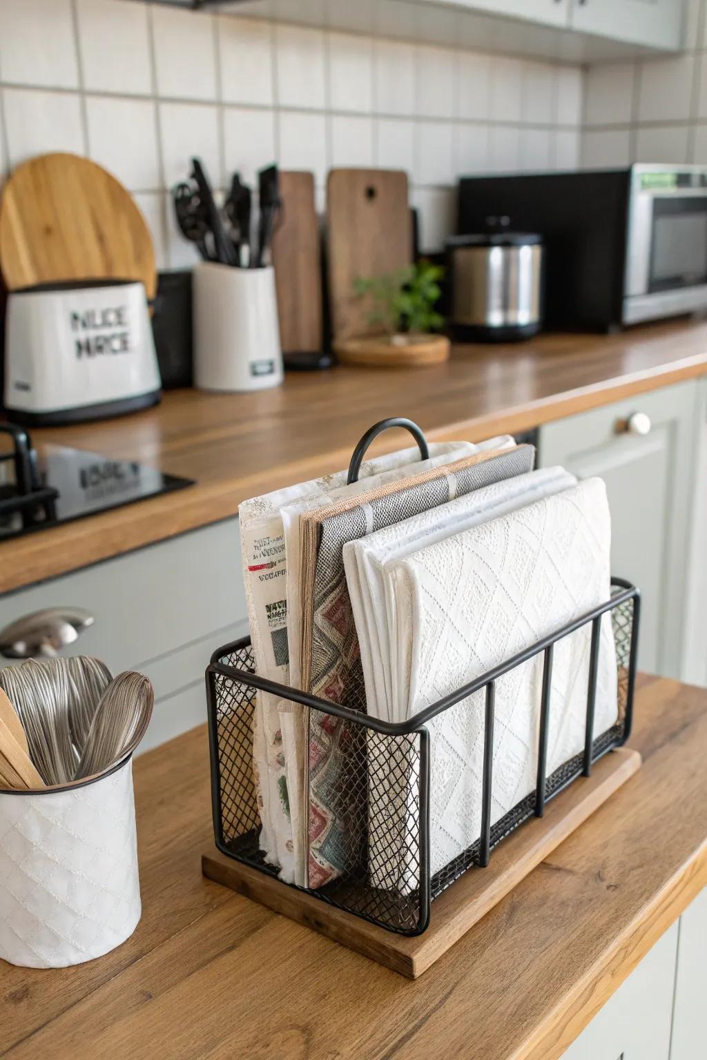 Magazine holders creatively repurposed for neat napkin organization.