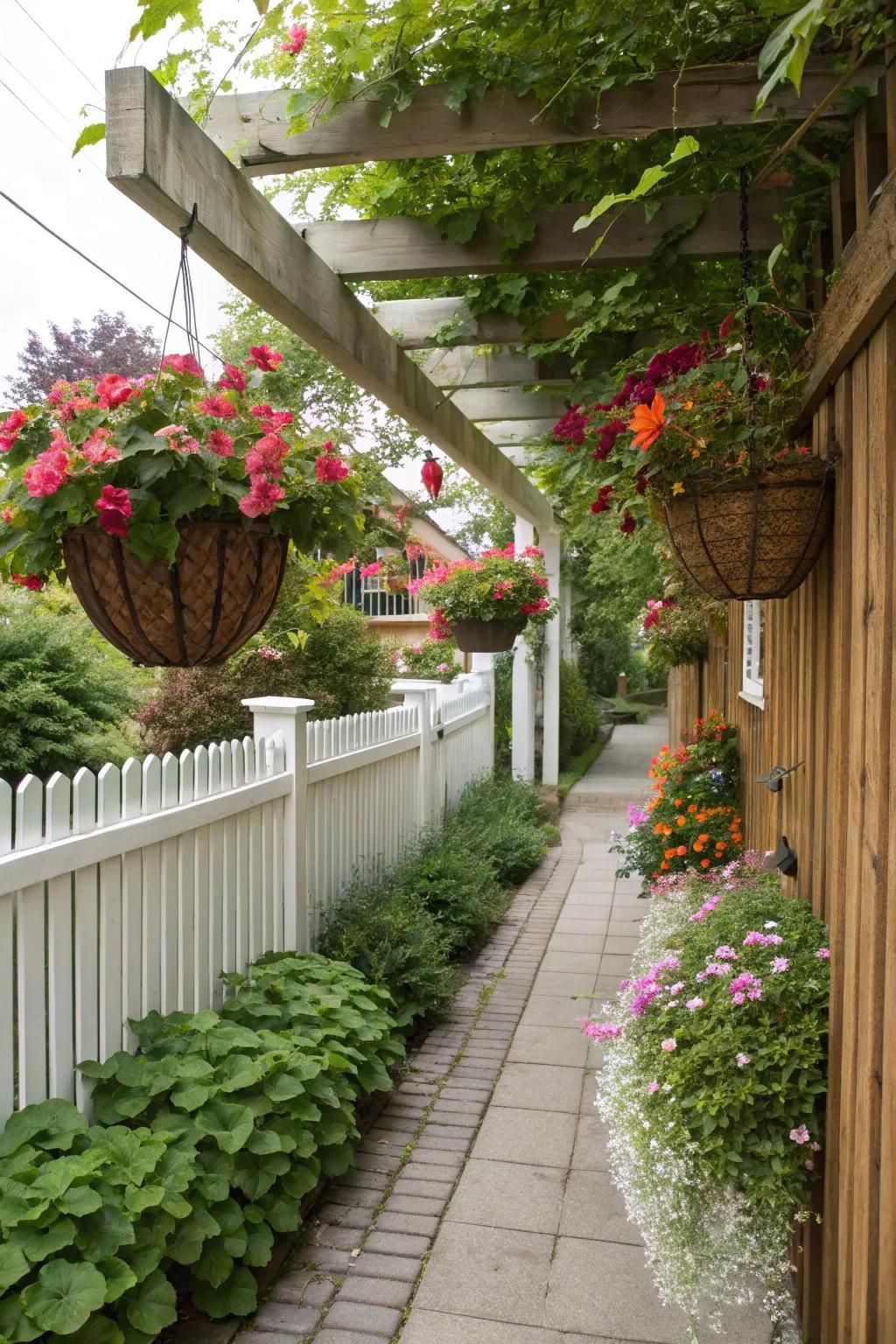 Hanging planters add lush greenery to a narrow garden.