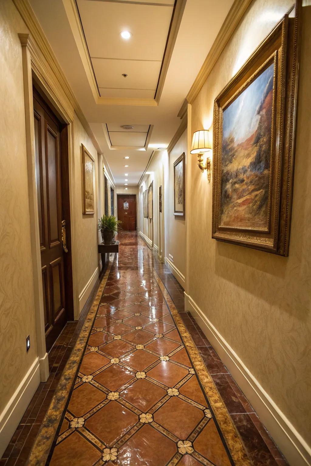 Skin tiles offer a luxurious and durable flooring option for narrow hallways.