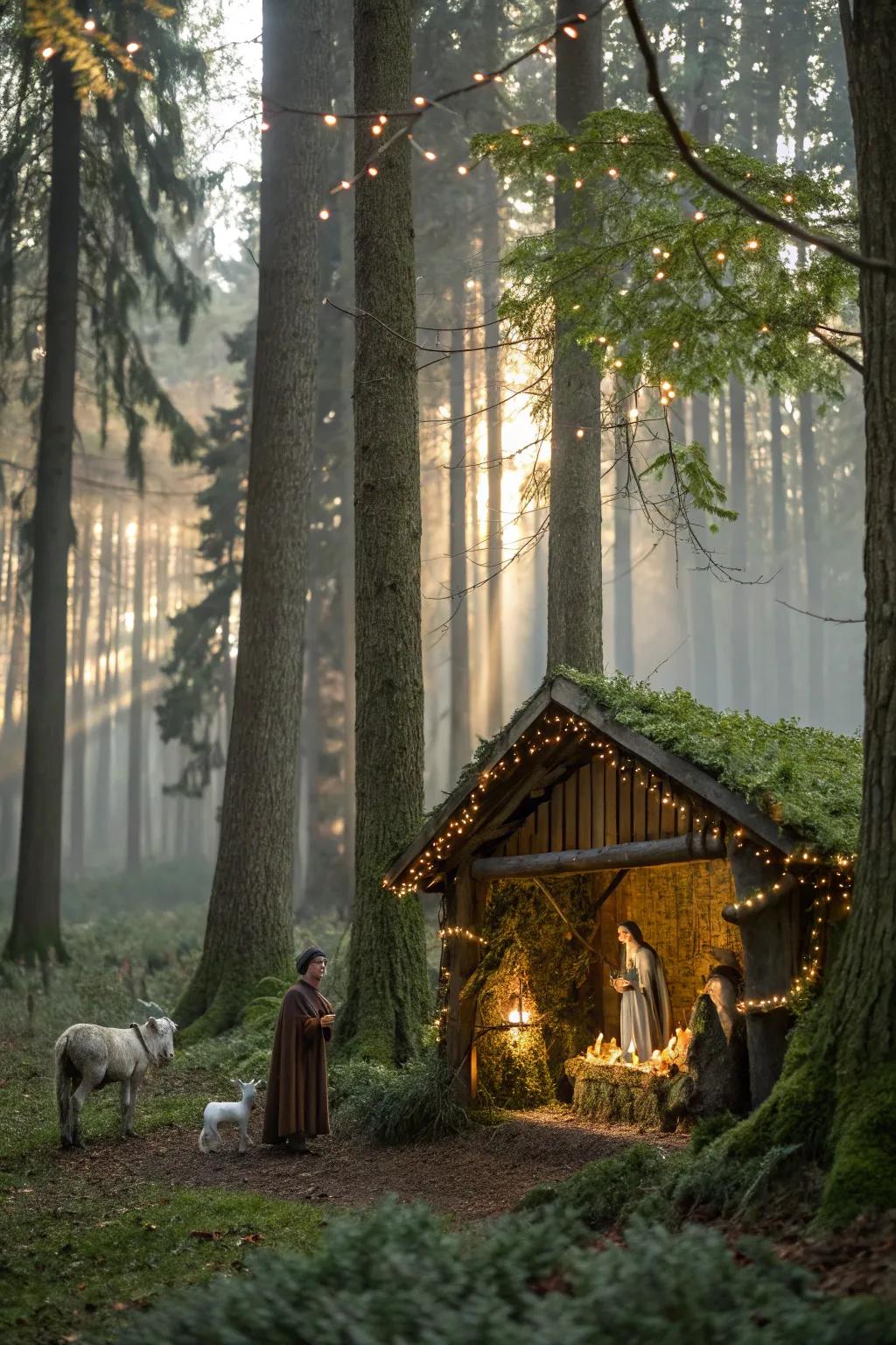 A magical forest background adds a whimsical touch to your nativity scene.