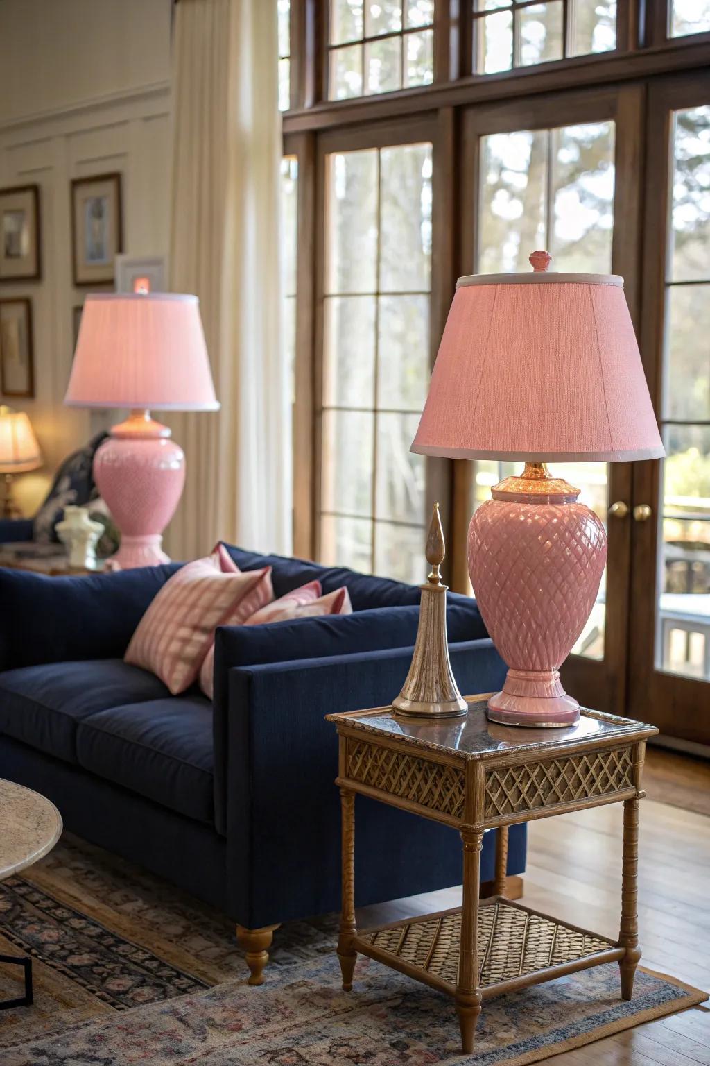Rose lamps provide a colorful accent in the living room.
