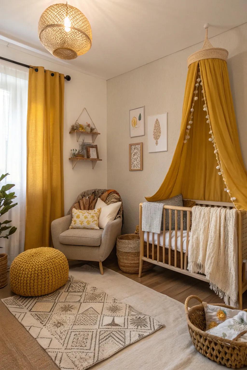 A baby room featuring muted mustard accents.