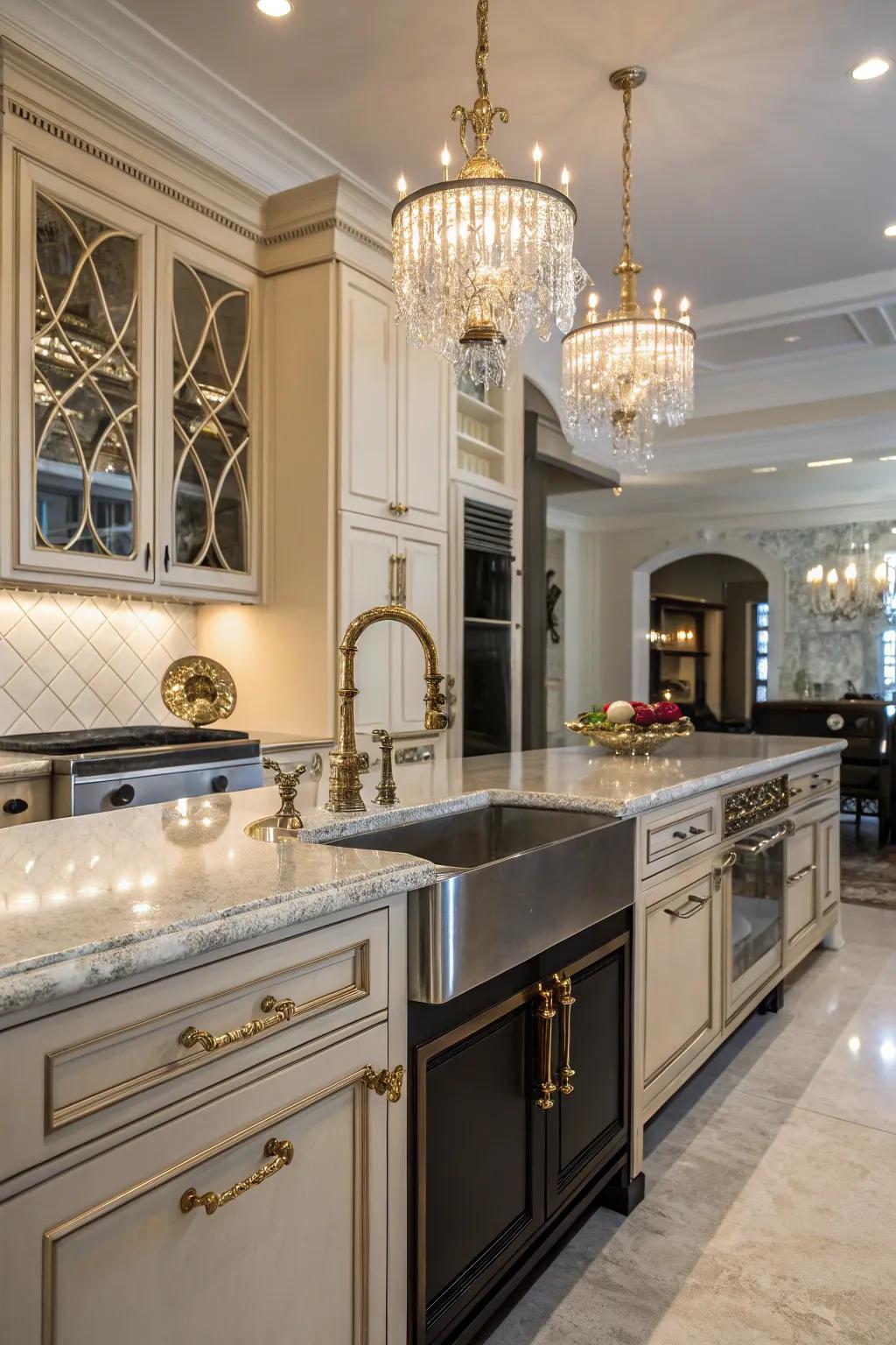 A cooking area elevated through glamorous fixtures, incorporating elegance and sophistication.