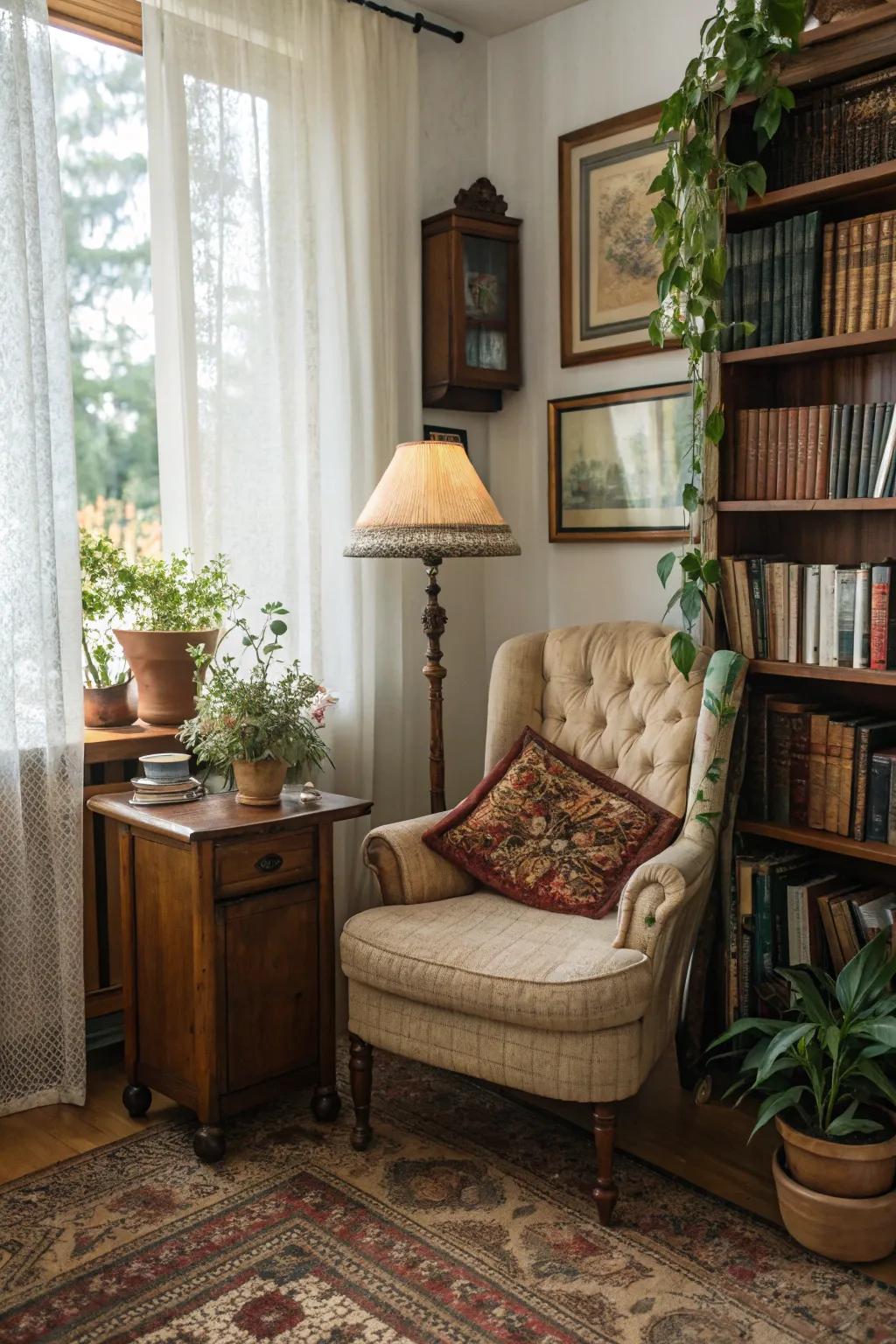 A character-filled nook showcasing vintage treasures that narrate a story.