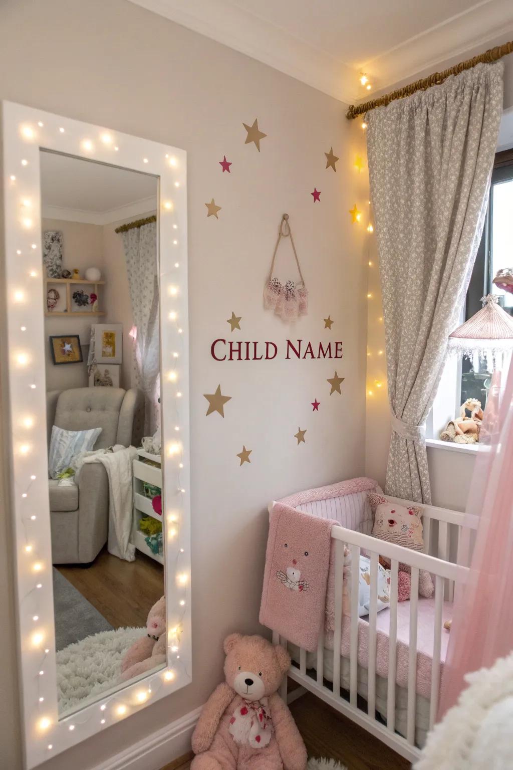A bespoke mirror adds a unique touch to this nursery, perfectly tailored for the child.