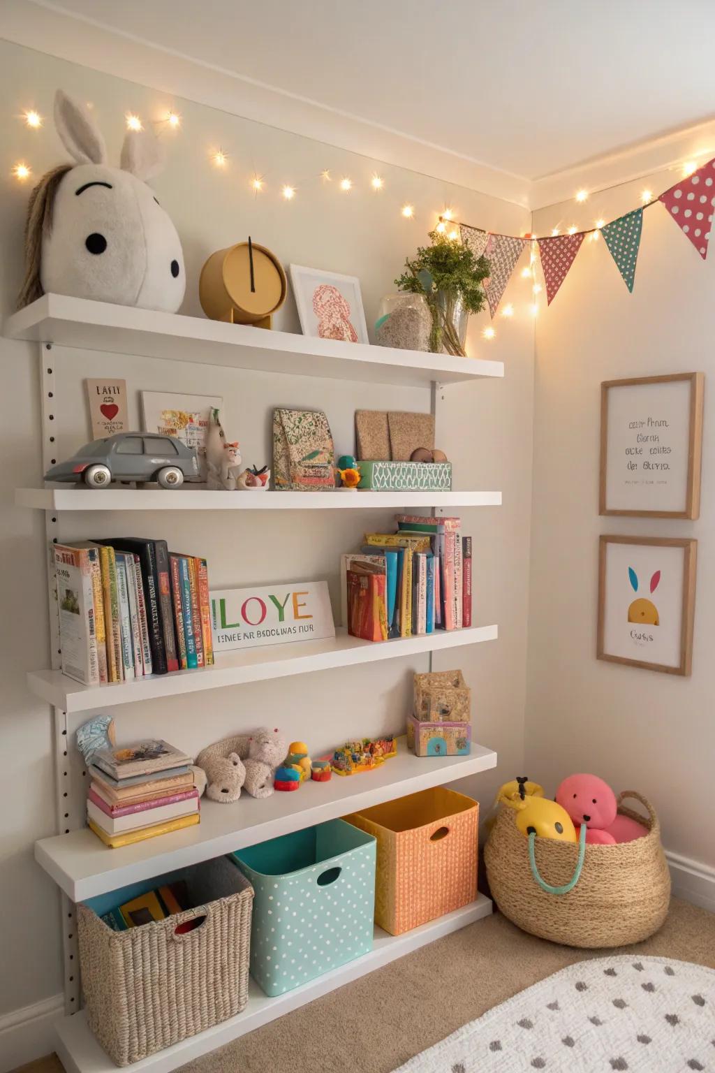 Corner shelves efficiently employ area while appending style to the nursery.