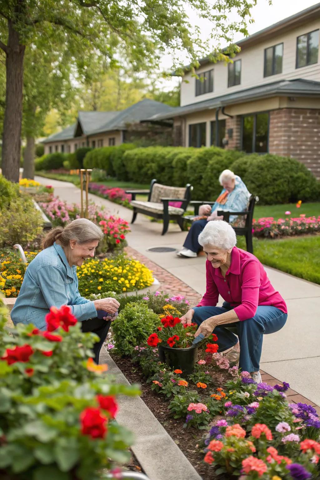 Care home residents planting flowers that represent love in the garden.