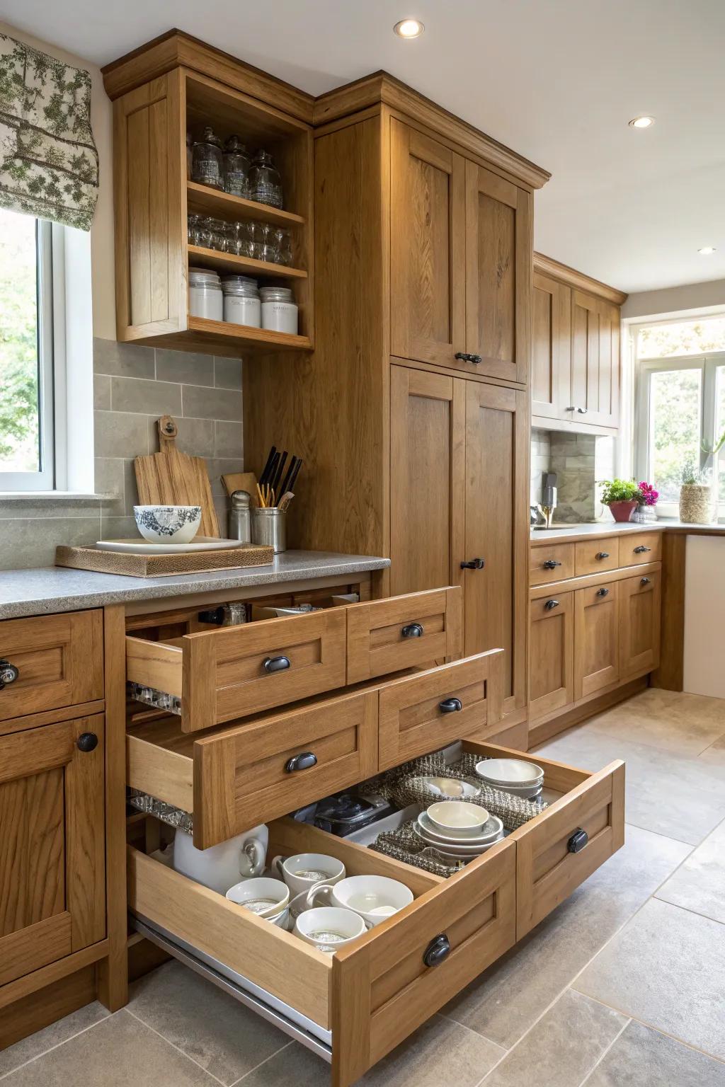 Slide-out storage enhances organization in oak kitchens.