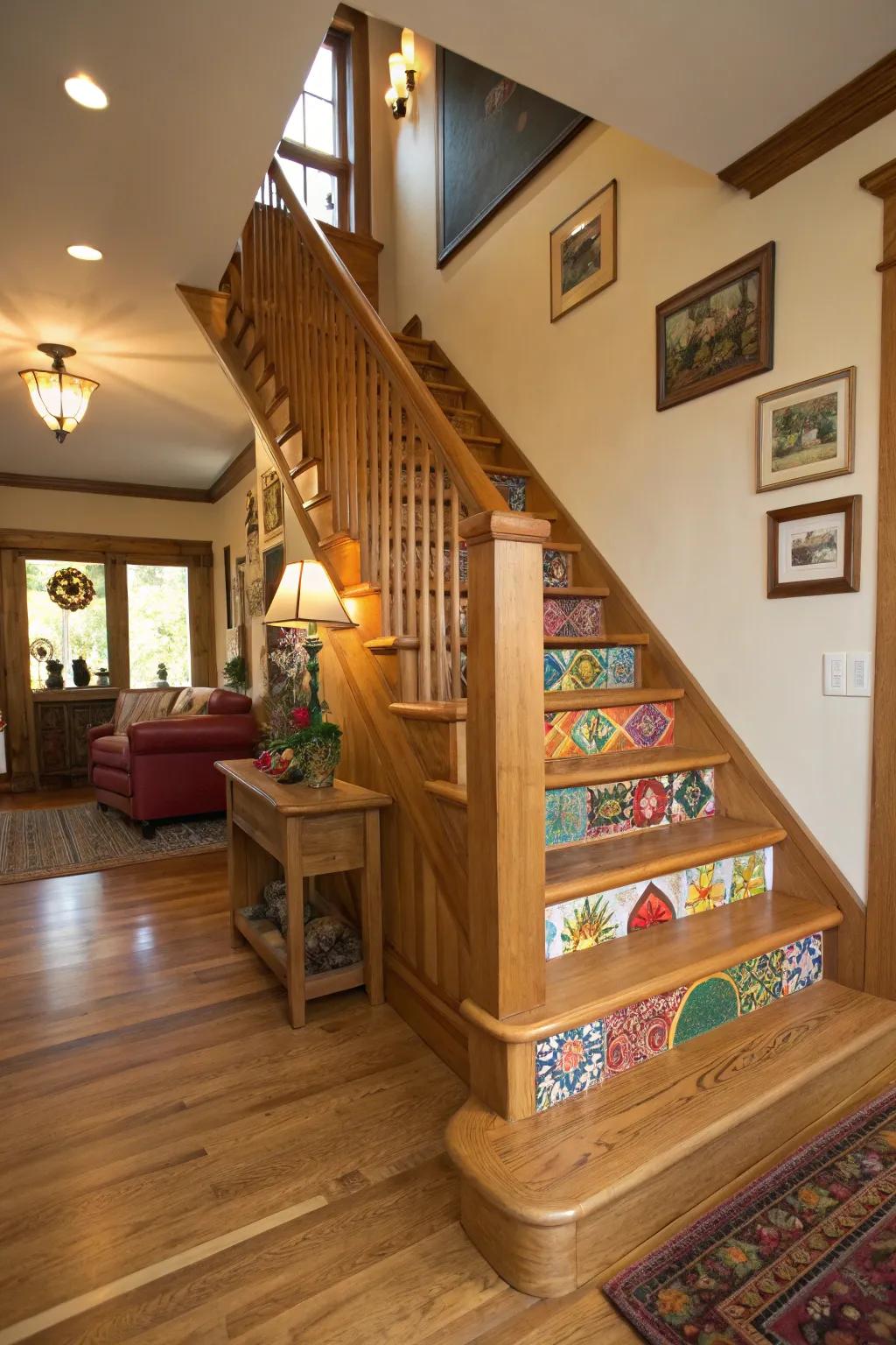 Highlight hues contribute a spirited impression to an oak stairway.