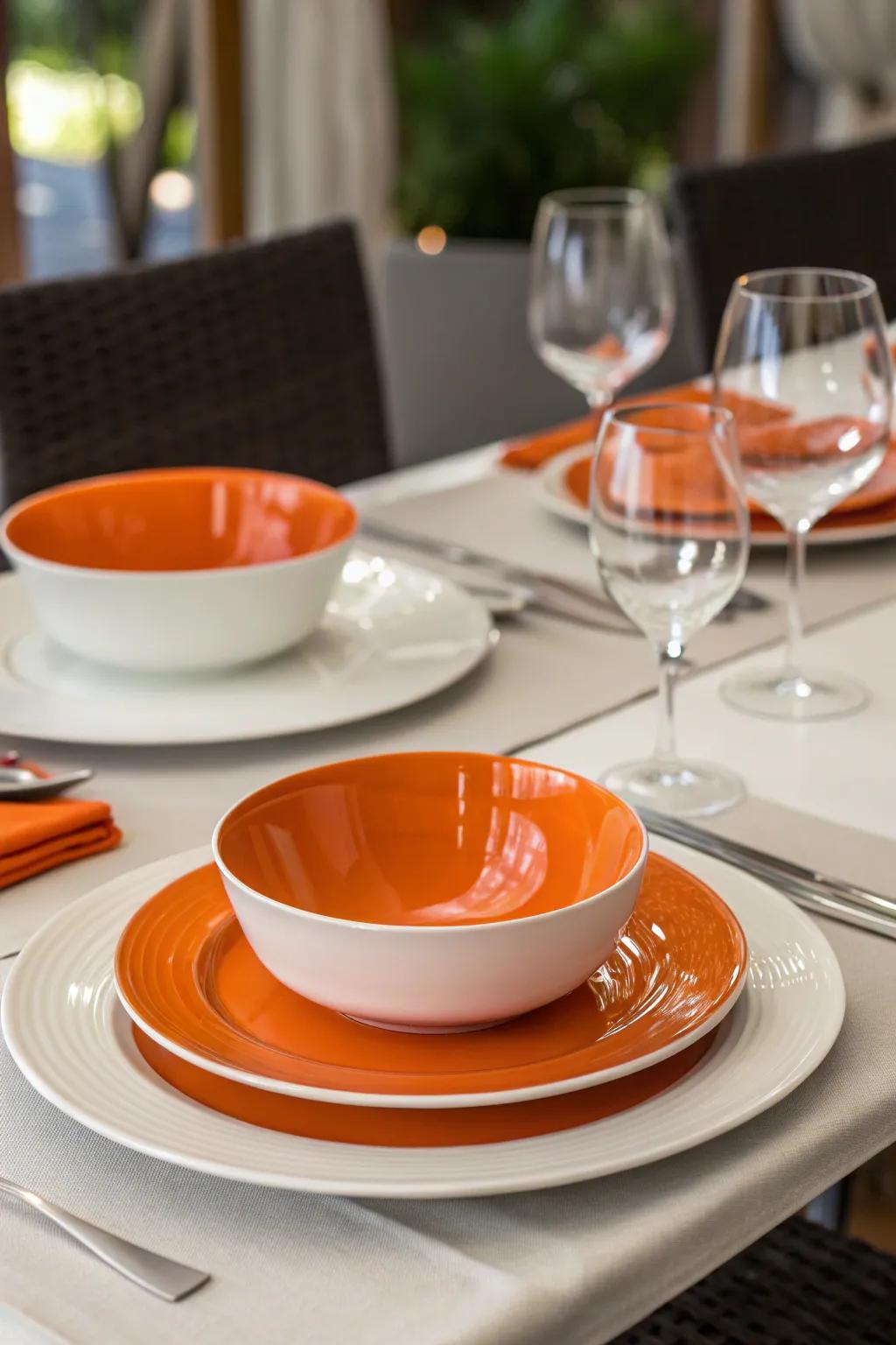 Vibrant orange and white dinnerware elevates the dining experience.
