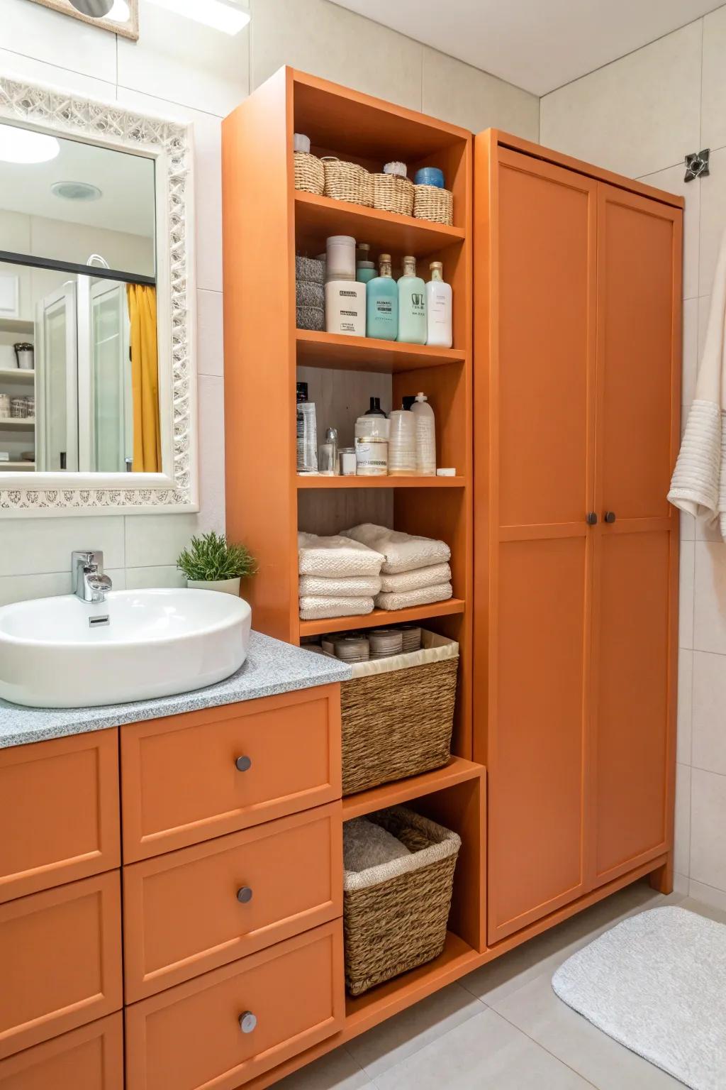 Orange storage cabinets keep the bathroom organized and colorful.