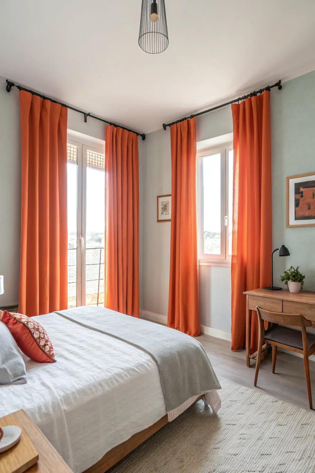 Orange curtains inject a vibrant note to the décor.